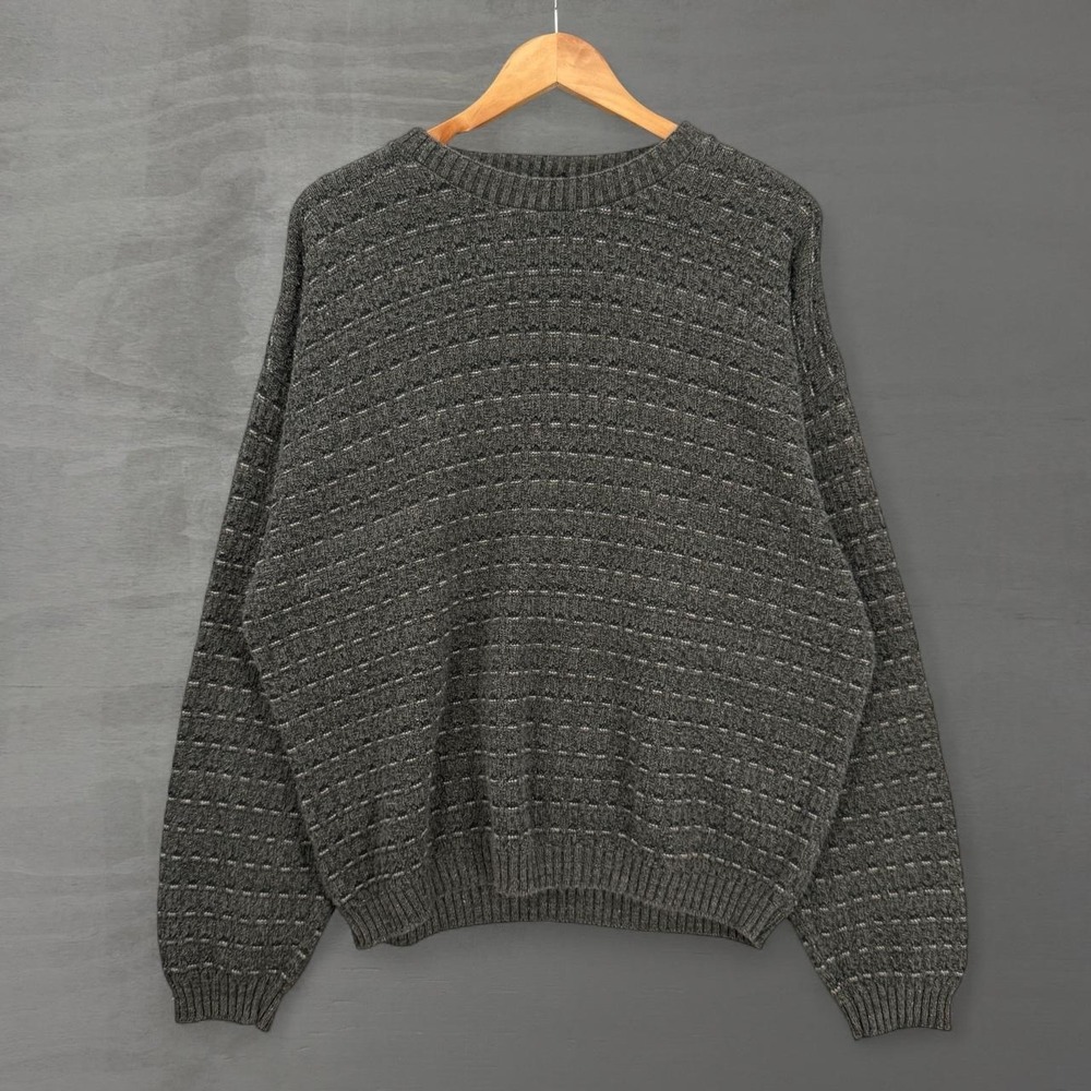Vintage Bill Blass Chunky Sweater Charcoal Grey Textured Knit Crew Neck XL